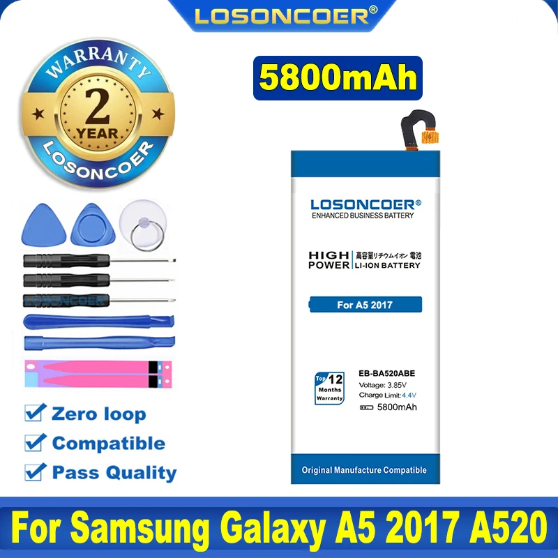 100% Оригинальный аккумулятор LOSONCOER 5800 мА · ч EB-BA520ABE для Samsung Galaxy A5 2017 A520 SM-A520D SM-A520S