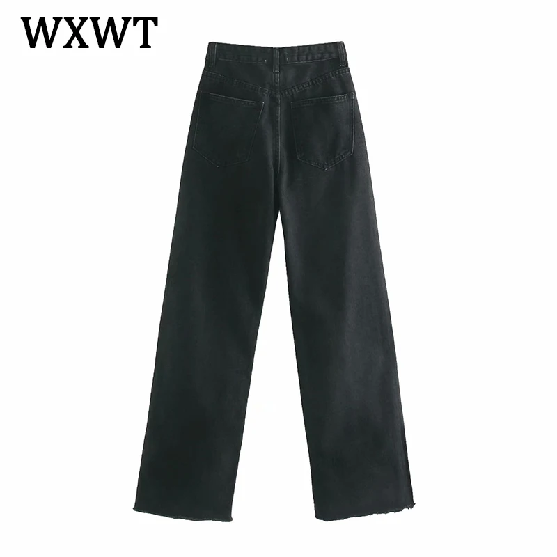 

WXWT 2021 Women Black Straight Jeans Pants Long Trousers High Waist Pockets Female Loose Denim Pants MSD1588
