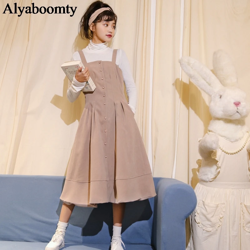 Японский опрятный стиль осень зима женское летнее платье подтяжки розовый хаки