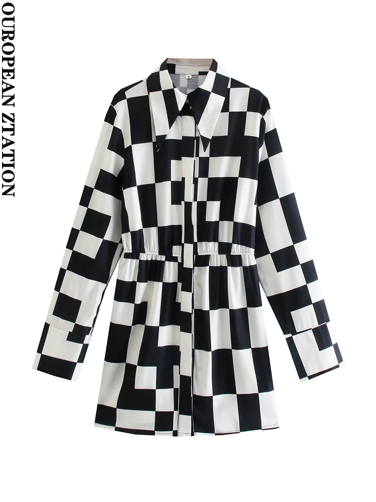 

Women 2021 za fashion black and white check mini shirt dress vintage three quarter sleeve elastic waist female dresses vestidos