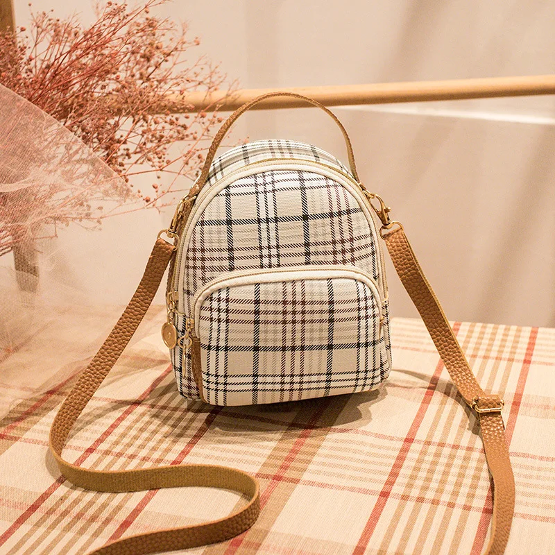 

New Style Women Small PU Leather Backpack Korean-style Fashion Portable Bag Practical Mobile Phone Grid Pattern Vantage #20