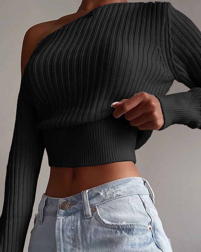 

2020 White Oblique Collar Sexy Knitted Sweater Women Asymmetrical Pullovers One Shoulder Fashion Autumn Winter Sweaters Cropped