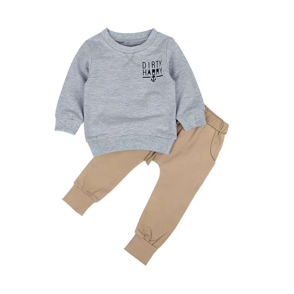 2019 Trend Style Newborn Kids Baby Clothing Sets &quotScallywag Crew&quot Grey Cotton Tops+ Khaki Pants Casual Clothes Outfits |