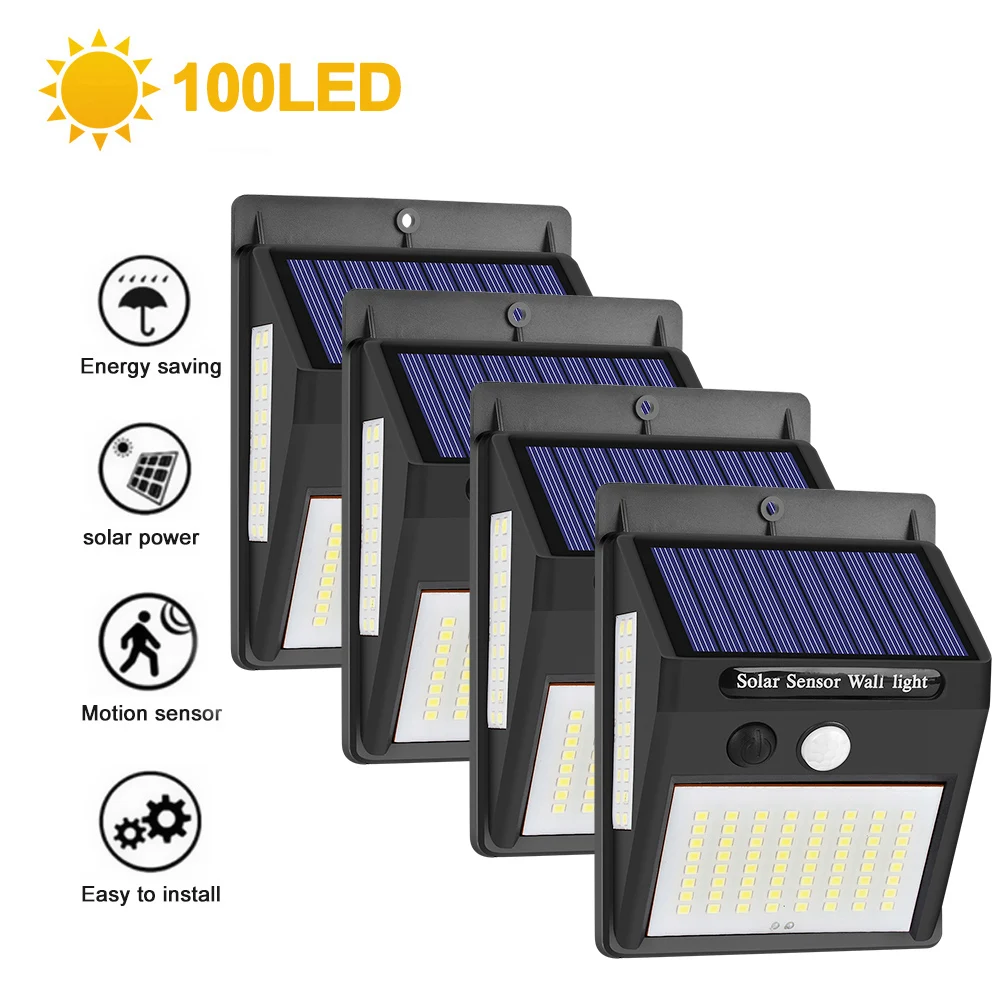 4pcs 100LED 100 светодиодный светильник на солнечной батарее, уличный светильник на солнечной батарее, настенный светильник с датчиком движения PIR, водонепроницаемый светильник на солнечной батарее для украшения сада - Испускаемый цвет: 4pcs 100LED