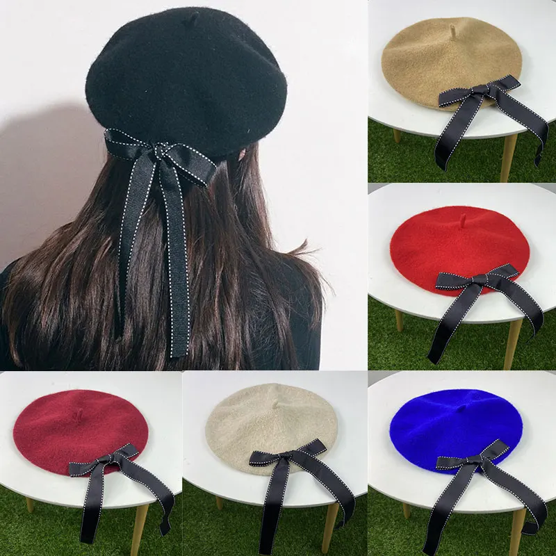 

Temperament Bow Beret Ladies Harajuku Style Painter Beret Korean Version Polychromatic All-match Style Contracted Wool Beret