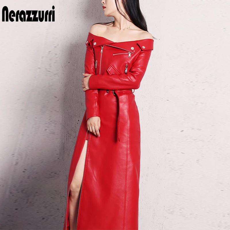 Nerazzurri spring autumn maxi dresses for women slash neck Red black pu leather dress women long sleeve runway Elegant dress
