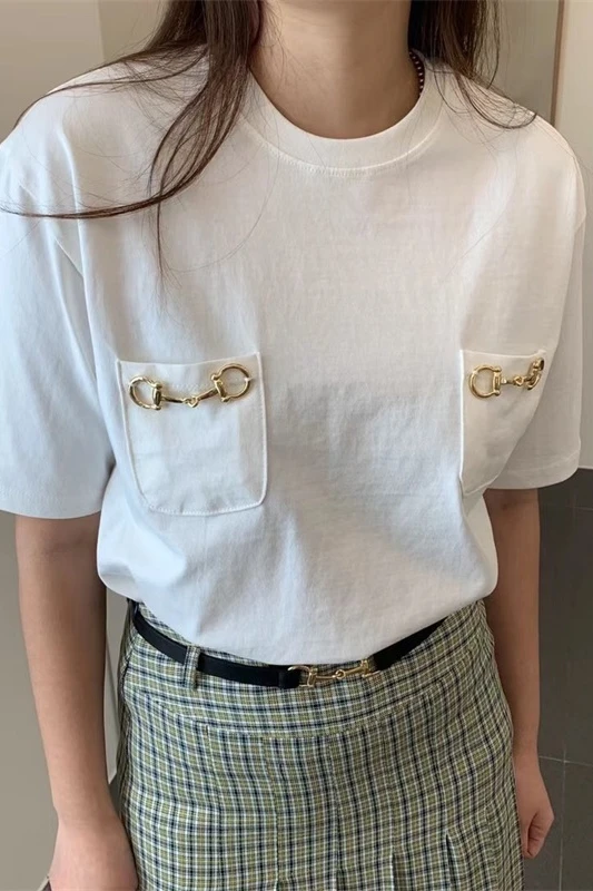 

VANOVICH Fashion T Shirts Women Korean Style Wild Cotton Casual Ladies T Shirts 2021 Summer New Pocket Round Neck Women Tops
