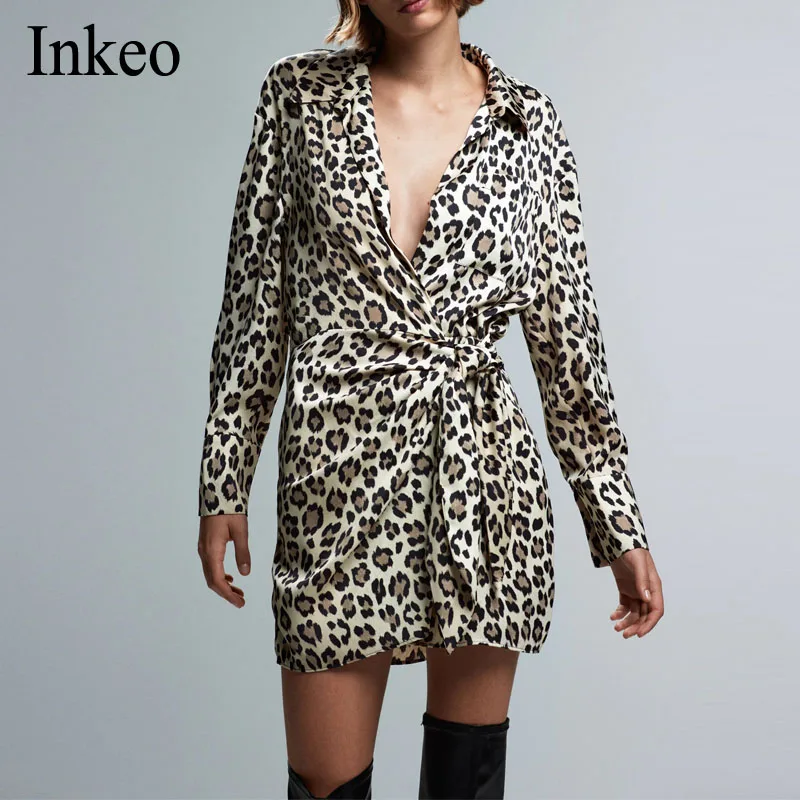 

Sexy Women Leopard print V-neck Dress Shirt Spring Summer Chic Long sleeve Lace up Mini Dresses Party Club Clothes INKEO 1D125