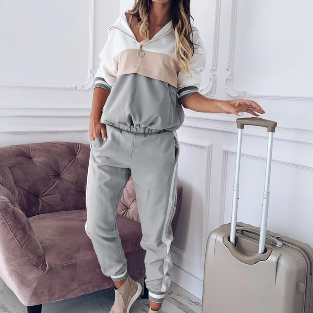 Style 1-Gray Женский комплект из 2 предметов для бега, Модный Полосатый спортивный костюм с капюшоном, одежда для тренировок, повседневные свободные толстовки, костюмы для бега, спортивная одежда - Цвет: Style 1-Gray