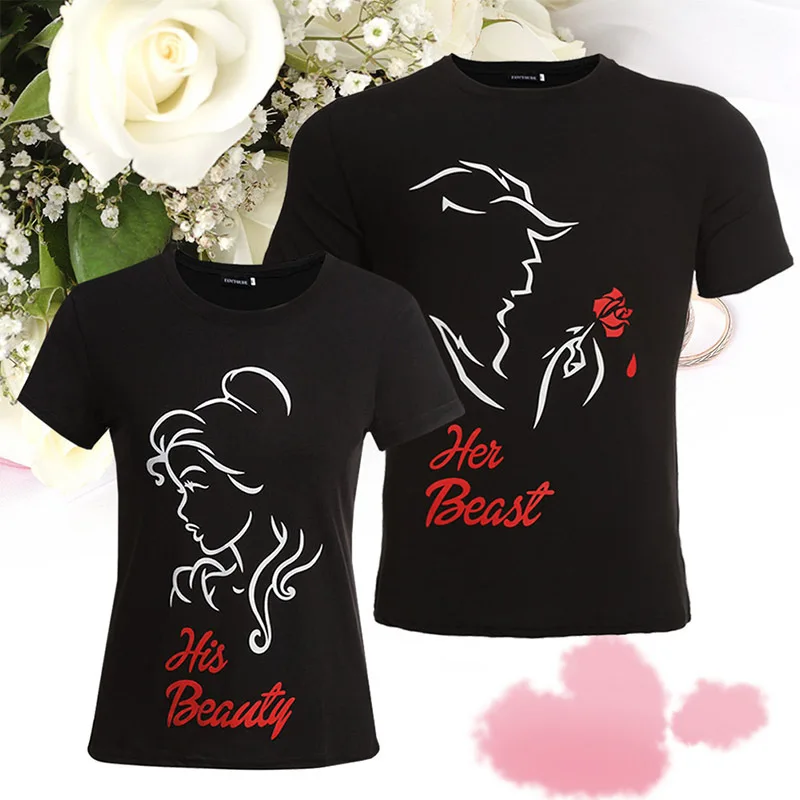 

King Queen Couples T Shirt His Beauty Her Beast Print Couple Tshirt Summer Fashion Woman T-shirt O-Neck Tops Lovers Tee Shirt