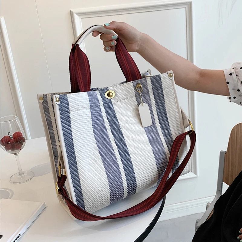 

Casual Strip Canvas Large Capacity Tote Bags For Women Fashion Wide Strap Ladies Shoulder Crossbody Bags Ladies Work A4 Hand Bag