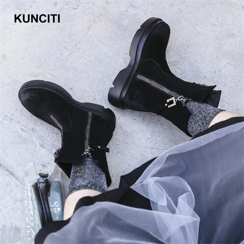 KUNCITI/Брендовые ботильоны в байкерском стиле; женская обувь на молнии; сезон осень-зима; замшевые ботинки-гладиаторы в стиле панк; Новая мода; D9225