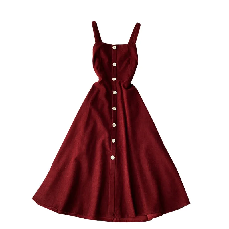 

Korean Sleeveless Button A-Line dress for womens Autumn summer retro sling dress corduroy back long dress women clothes vestidos