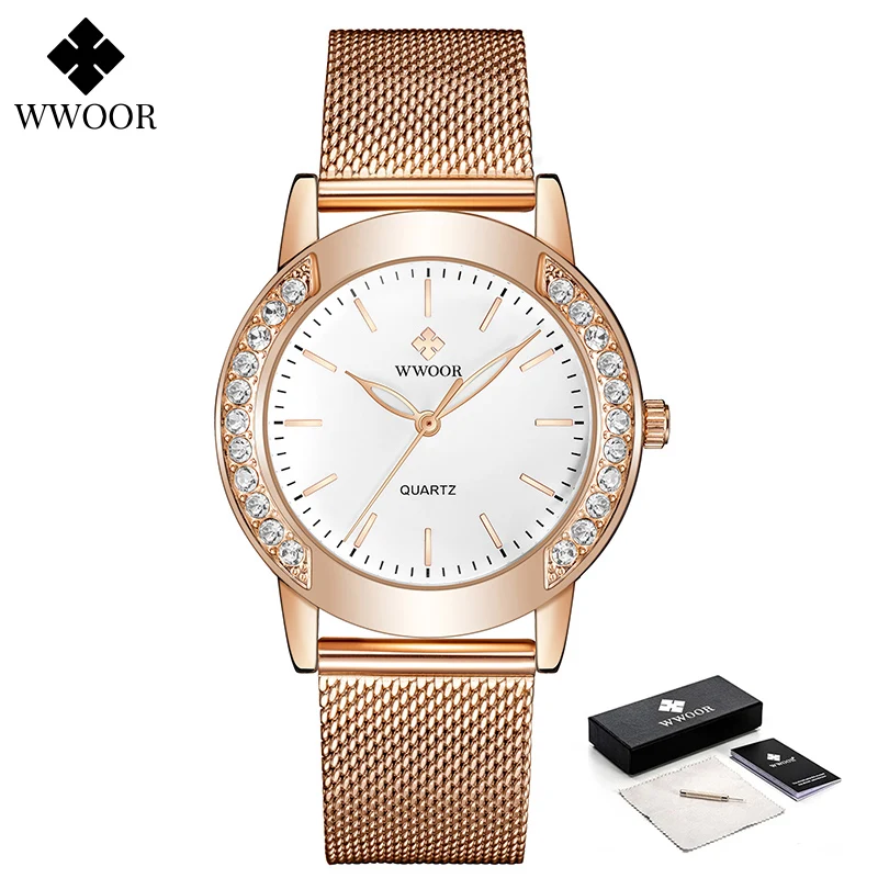 WWOOR 2022 New Luxury Rose Gold Women Watches Fashion Diamond Ladies Dress Watch Female Casual Mesh Steel Wristwatch Reloj Mujer