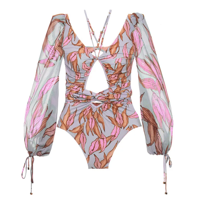 Слитный купальник с цветочным принтом женский монокини длинным рукавом и