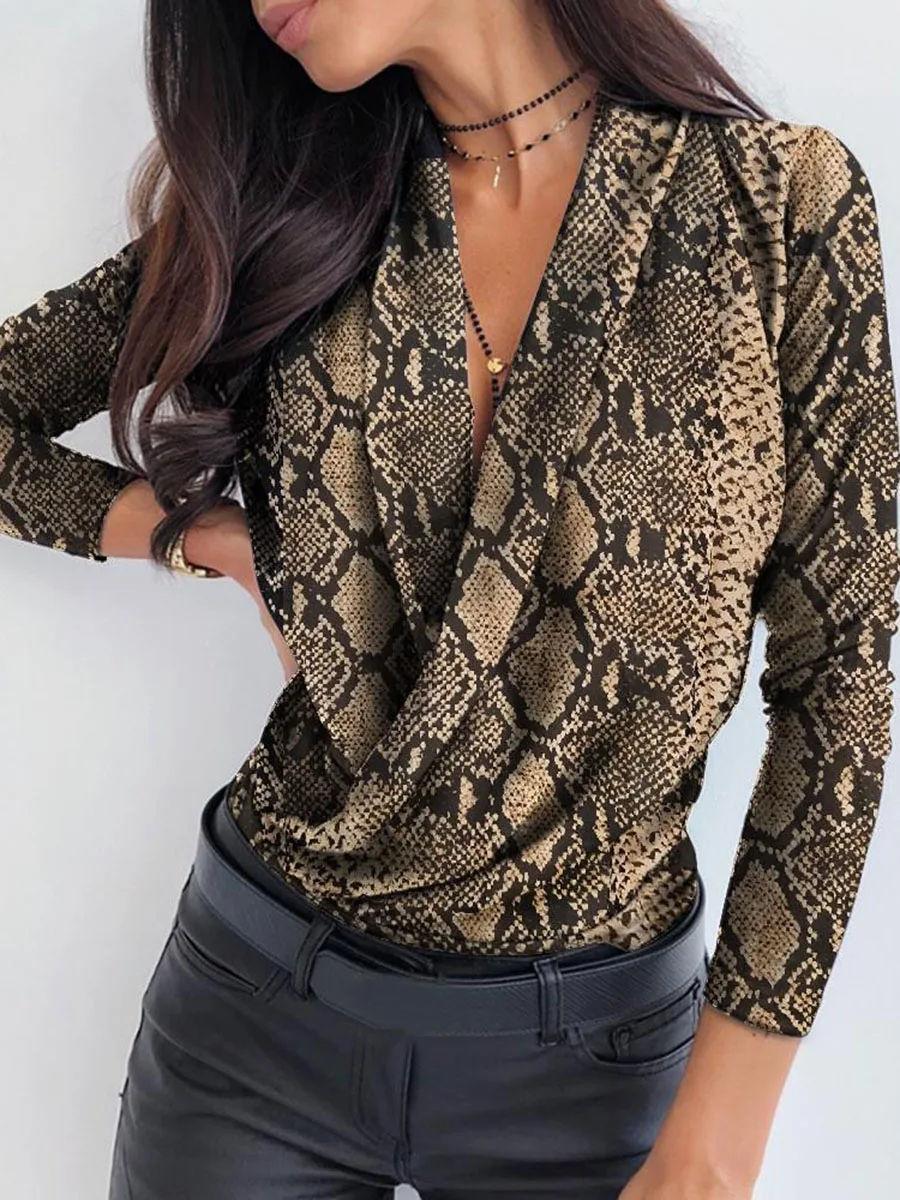 Узкая Женская блузка со змеиным принтом рубашки с длинным рукавом Осенние