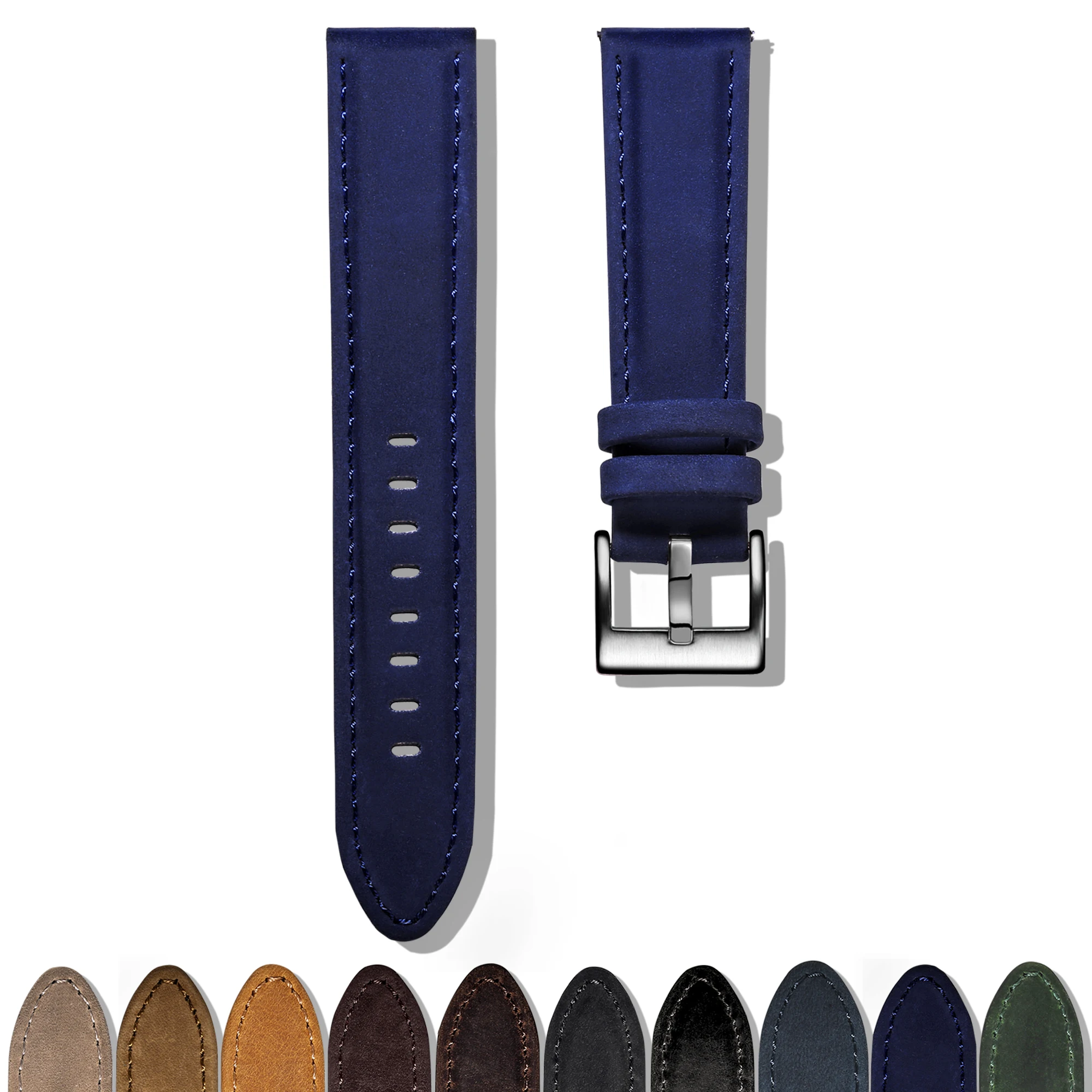Ремешок сменный Hemsut для мужских и женских часов кожаный синий быстросъемный