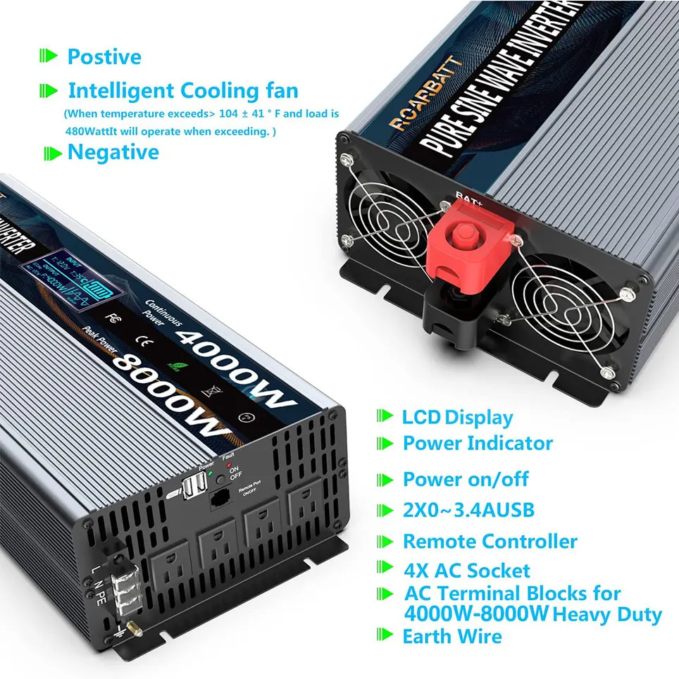 2021 Pure sine wave power inverter 4000 w 12V DC to AC 110V 120V peak 8000 W with remote controller and 4 sockets | Электроника