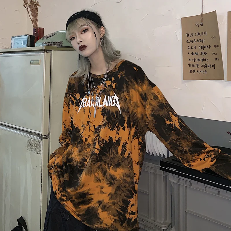 

Tie Dyed Gothic Punk Long Sleeve T-shirt Women's Autumn 2021 New Design Couples Loose Long Clothes Fashion Hip Hop