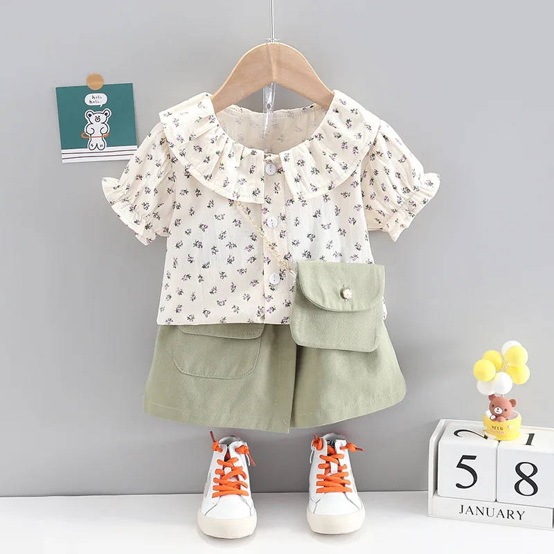 

New Summer Toddler Kids Girls Cotton 2 Piece Set Cute FashionBroken Flower Shirt+Solid Shorts with Satchel Casual Baby Outfits