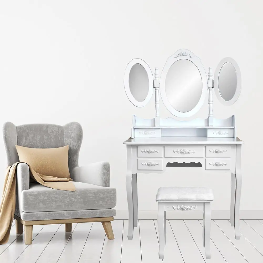 

Tri-Folding Mirrors Vanity Dressing Table White Makeup Desk with 7 Drawers
