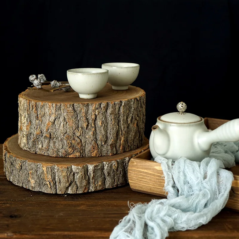 

Log slice creative cake tray Mori dessert table cake display rack with bark stake wooden pier tray