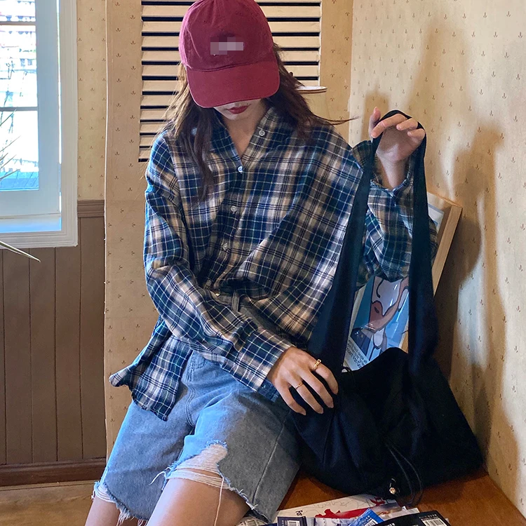 

2 colors 2020 autumn korean style classic loose plaid shirts womens long sleeve blouses womens tops (F3902)