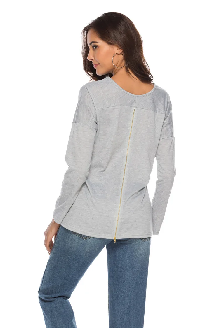 Женская футболка с круглым вырезом однотонная хлопковая на молнии длинными