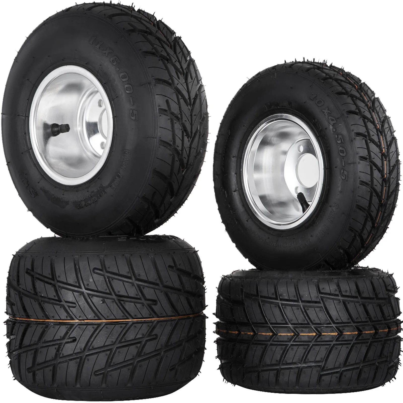 

Автомобильные шины для карт VEVOR, 10x4,50 дюйма, передние 11x6,0 дюйма, задние дождевые шины и диски, колесная втулка для тележки, наборы из 4 шт. с 3 от...