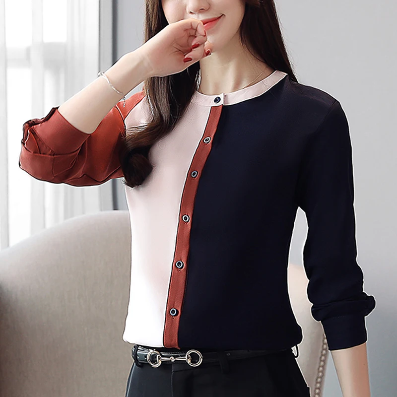 

Women's Tops And Blouses New Splice Color 2021 O Neck Chiffon Long Sleeves Blusas feminina Office Women Blouse Shirts 631F