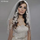 Фата свадебная короткая с гребнем, фата свадебная двухслойная с кружевом, Белыйцвет слоновой кости, длиной до локтя