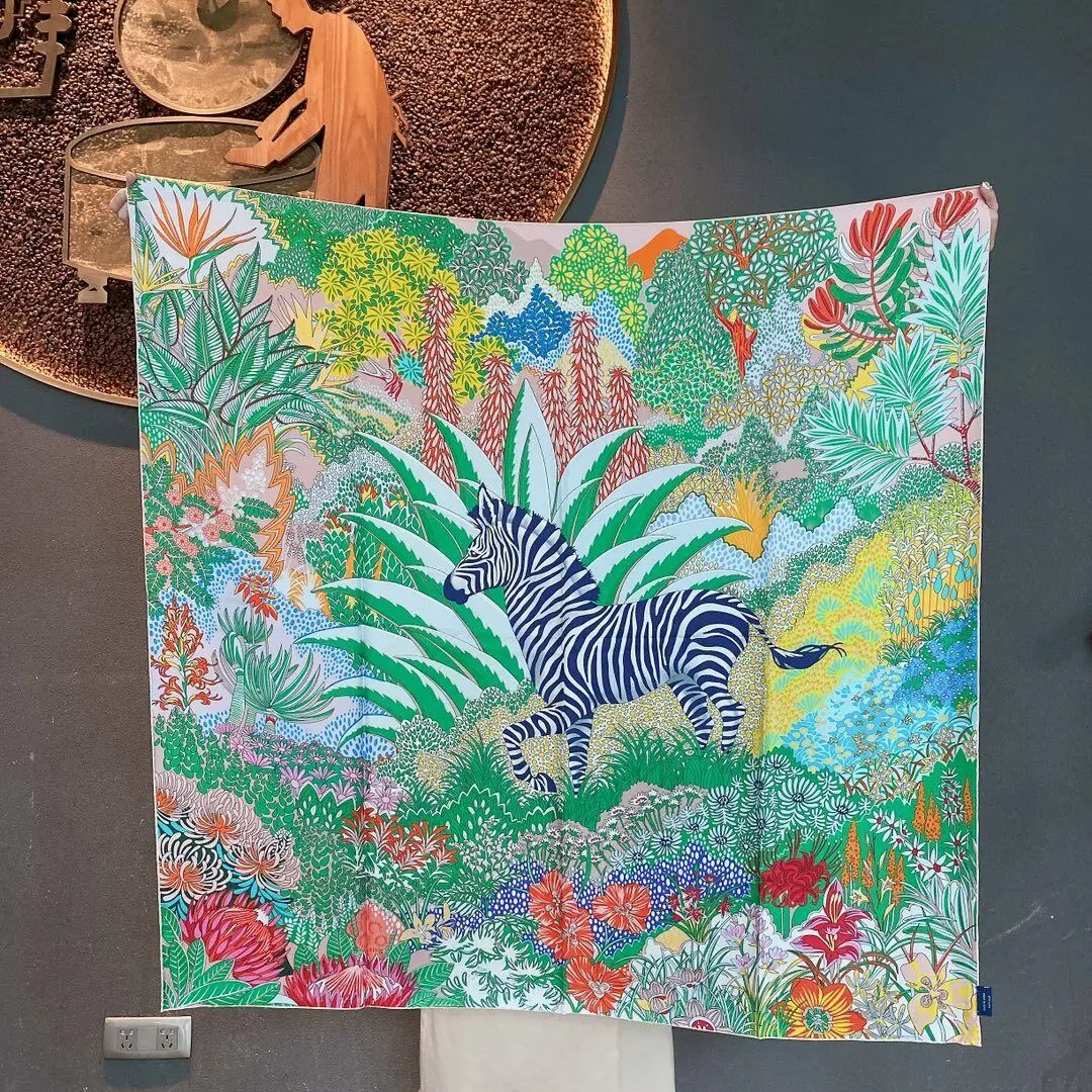 

Luxury 100% Twill Silk Scarf Women Fashion Aztec Style Shawl Stole Hijab Forest Zebra Flower Kerchief Turban 105*105cm