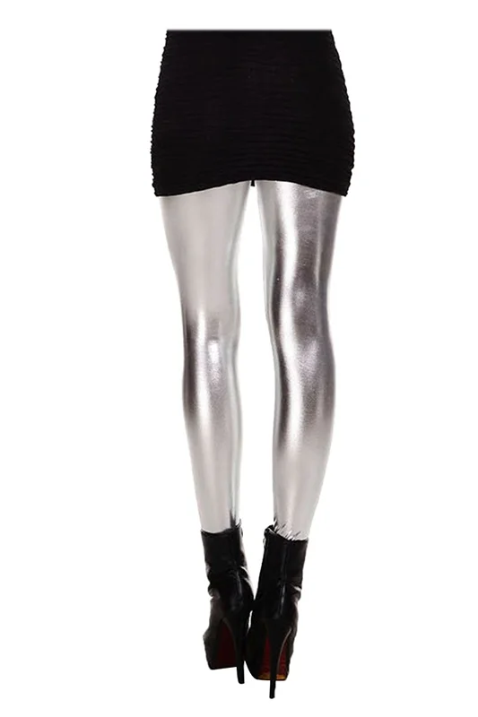 Женские блестящие леггинсы с эластичным поясом серебристые облегающие