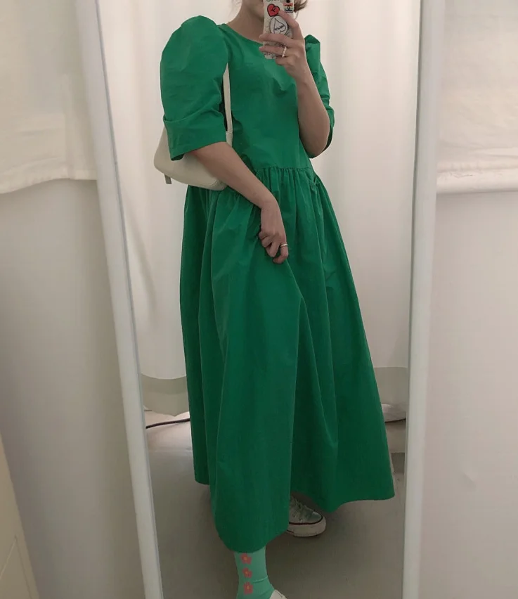 

Korean Chic Minimalist Design Large Pocket Loose Slimming round Neck Cute Youth-Looking Puff Sleeve Dress