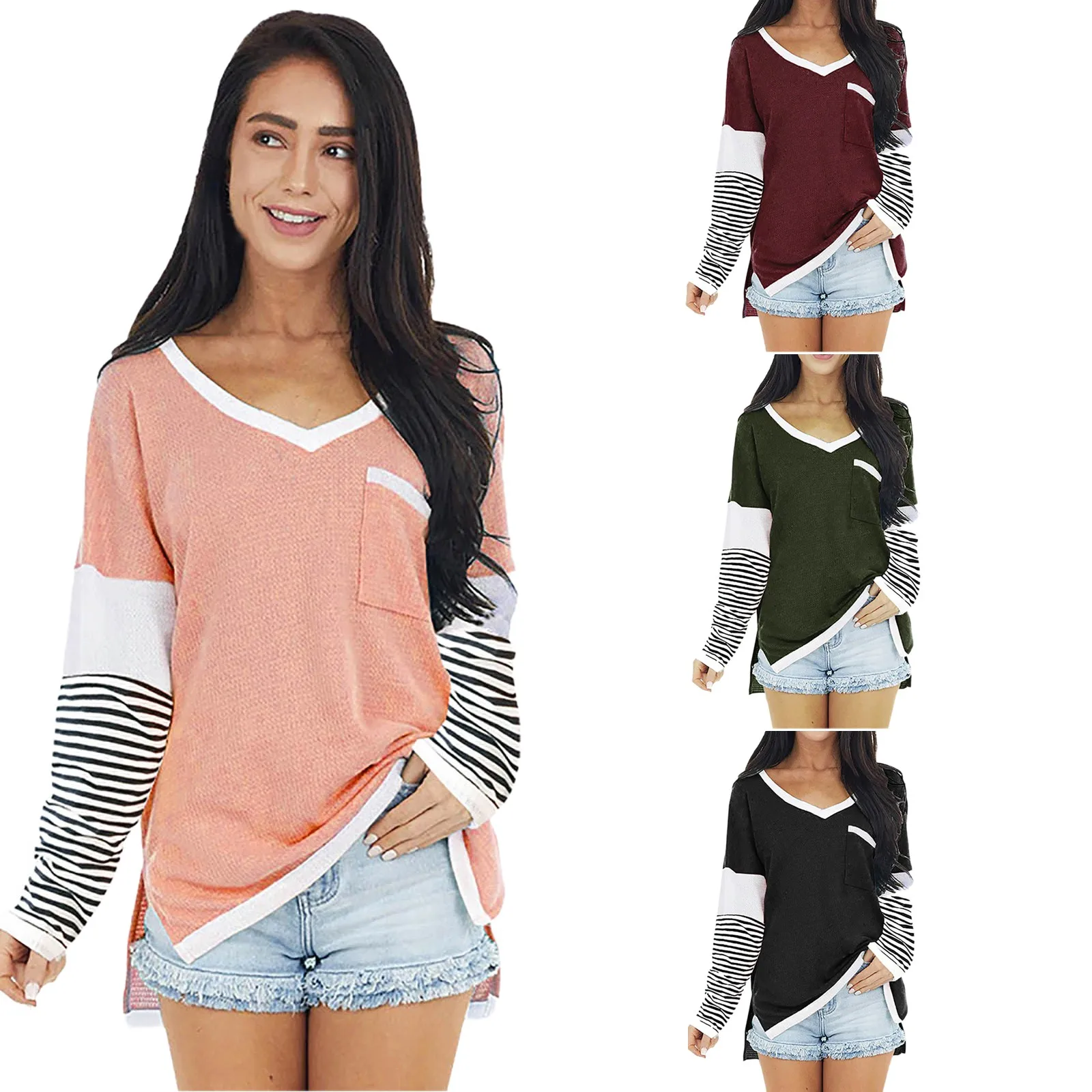 

Женская футболка в полоску, с длинным рукавом и V-образным вырезом