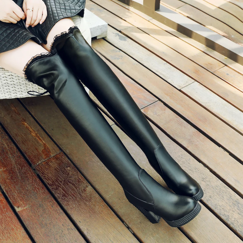 Милые белые длинные сапоги женские зимние новые выше колена на высоком каблуке