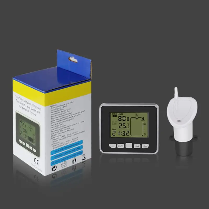 

Ultrasonic Water Tank Level Meter Temperature Sensor Low battery Liquid Depth Indicator Time Alarm Transmitter Measuring