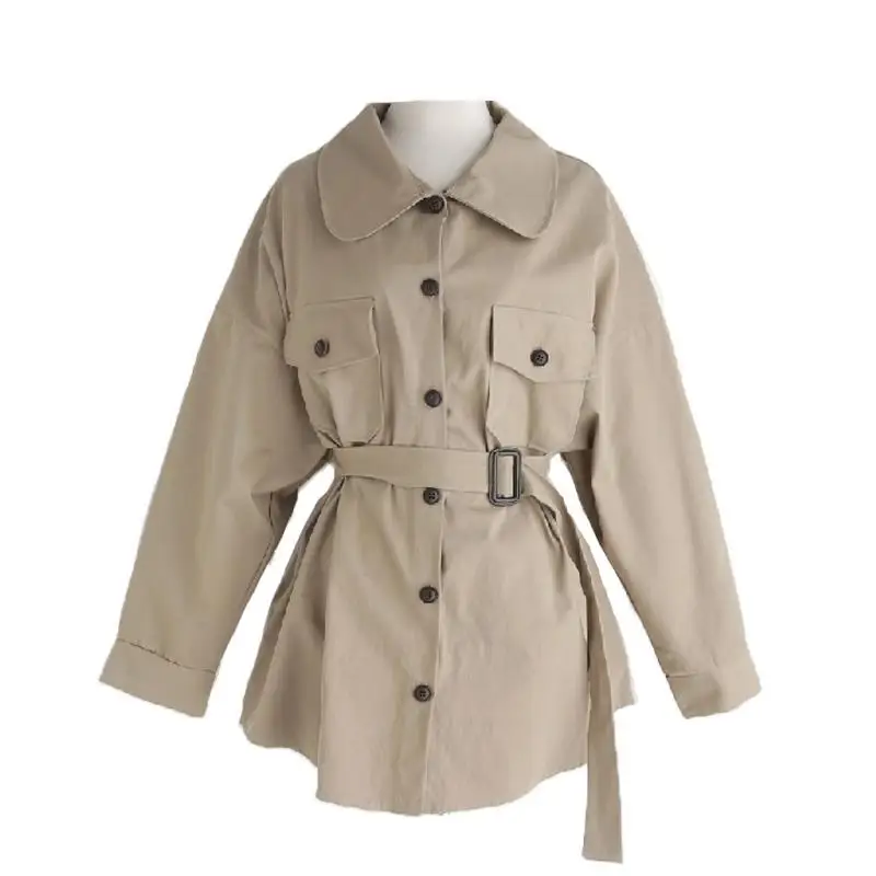 

Trench Women Cargo-style Solid Adjustable Waist Pockets Single-breasted Autumn-winter Female Leisure Loose Outwears Elegant Ins