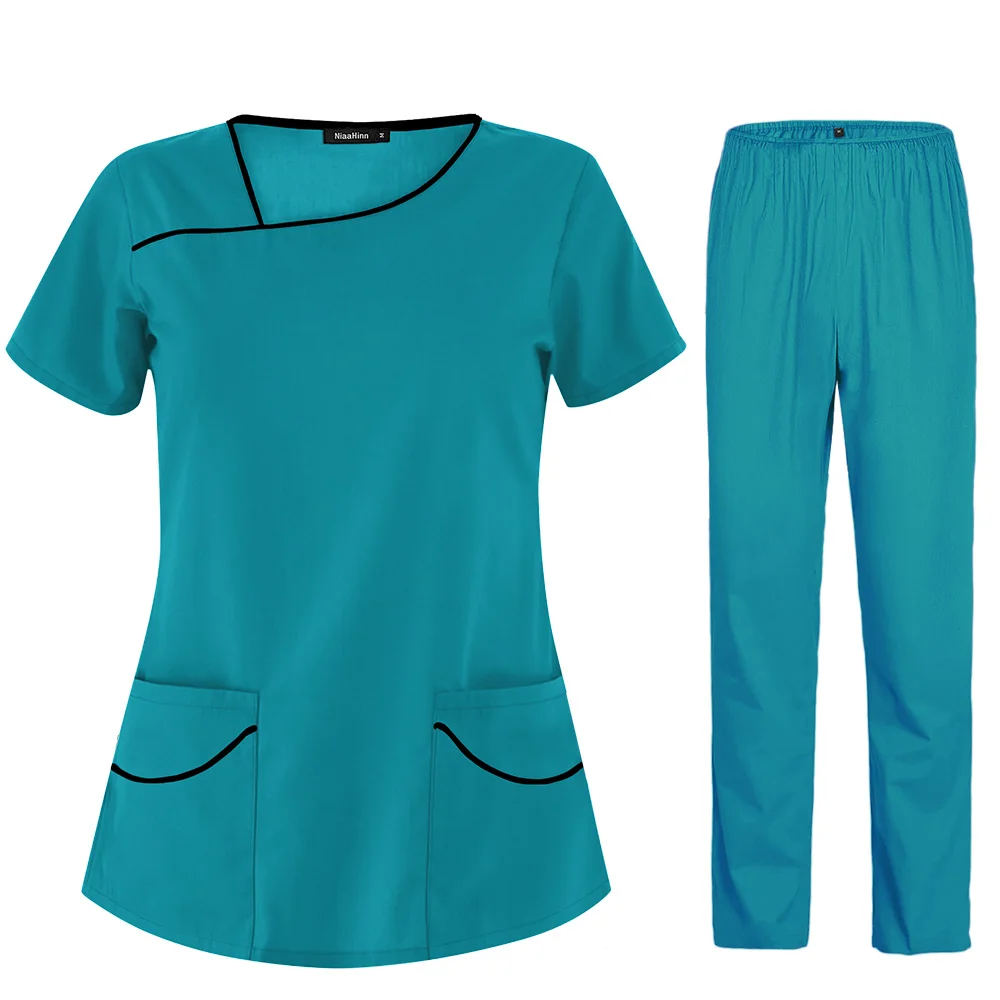 Short Sleeved Scrubs Women Working Uniform V-Neck Nurse Solid Color Nursing Tops Pocket T Shirt Accessories | Тематическая одежда