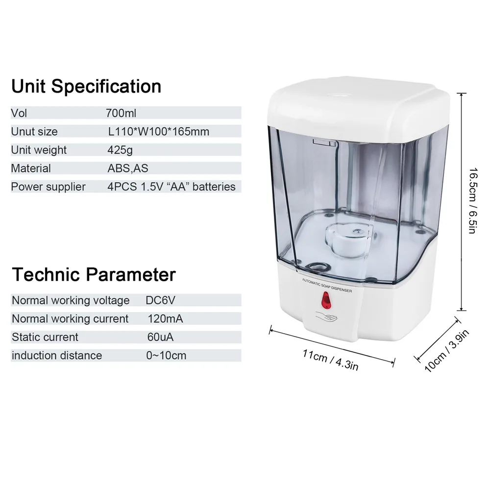 

700ml Liquid Soap Dispenser Wall IR Sensor Automatic Soap Dispenser Touch-Free Kitchen Soap Lotion Pump For Kitchen Bathroom