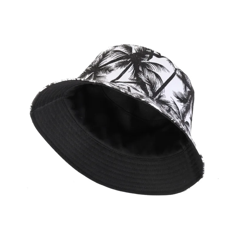

2021 New Unisex Fashion Summer Reversible Black White Coconut Tree Printed Fisherman Caps Bucket Hats Gorro Pescador Men Women