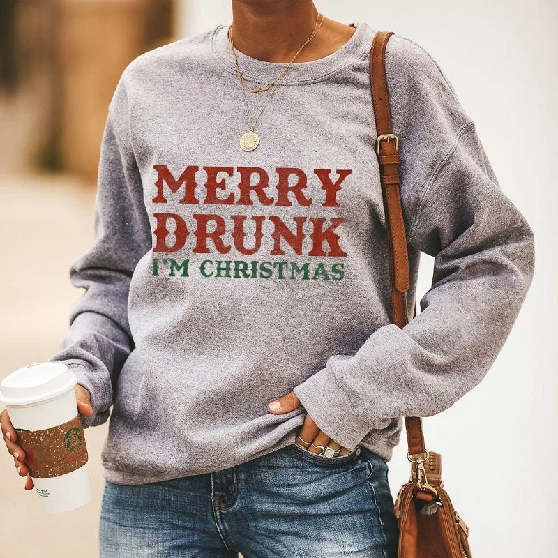 

ZOGAA Women's Sweatshirt Round Neck Long-Sleeved Pullover MERRY DRUNK Letter Print Loose Pullover Tops Sudaderas Para Mujer