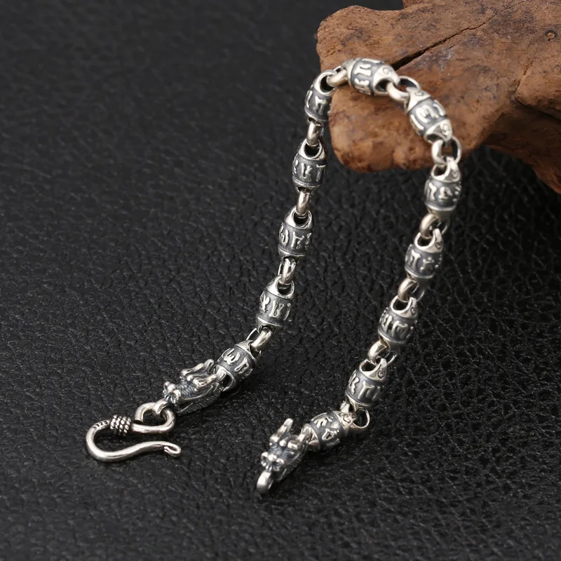 Genuine 925 Sterling Silver Jewelry Personality Six-Word Mantra Barrel Beads Silver Men Bracelet Retro Silver Jewelry