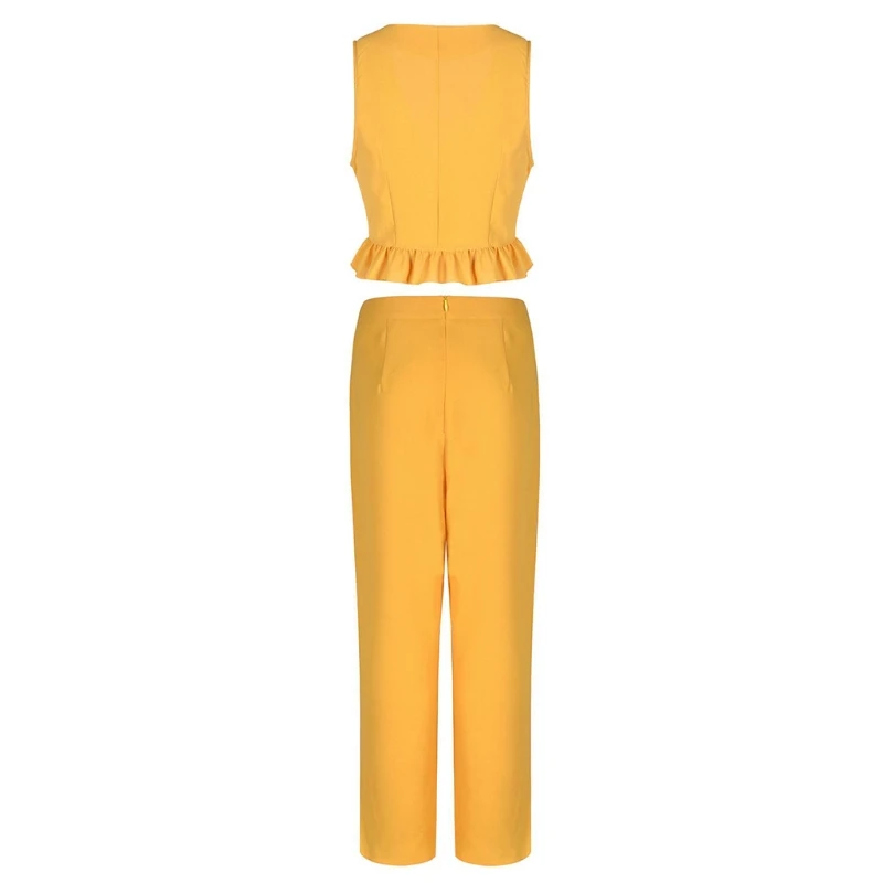 

2021 Women Summer 2 Pieces Set Sleeveless Deep V Neck Ruffles Crop Top Blouses+High Waist Wide Leg Pants