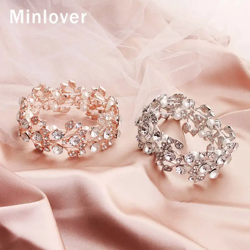 Minlover розовое золото цвет листья горный хрусталь невесты браслеты для женщин очаровательные свадебные браслеты модные новые ювелирные изделия MSL108