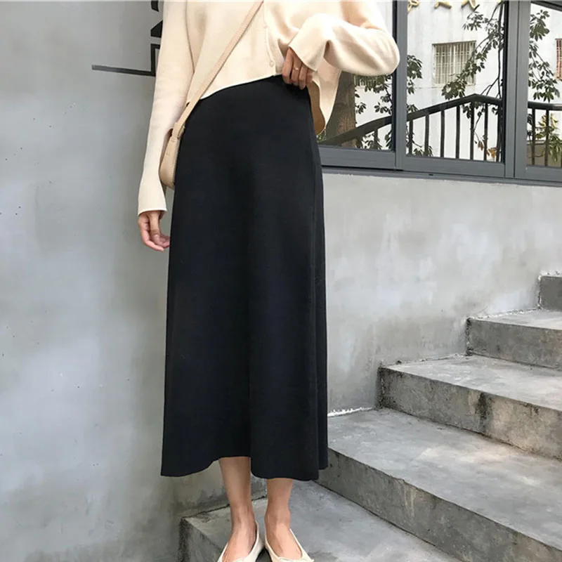 

Skirts Women Knitting High Quality Solid Empire A-Line Womens Elastic Sweet High Waist Korean Style Slim Mid-Calf Long Skirt