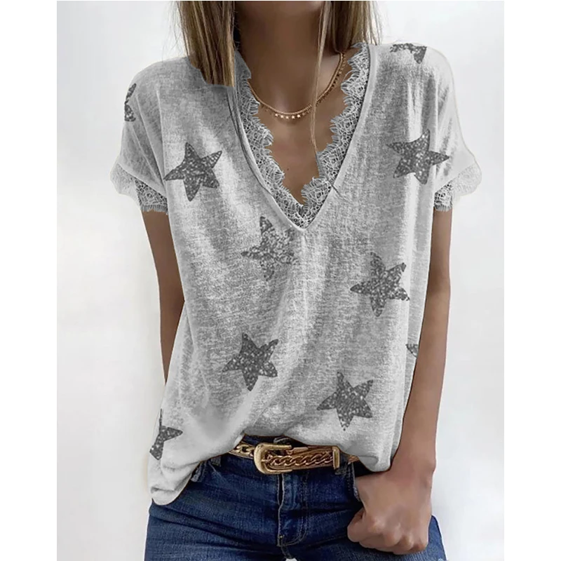

Summer V Neck Printed Lace T Shirt Top Women's Casual Loose Short Sleeve Shirt Fashion Plus Size Clothing