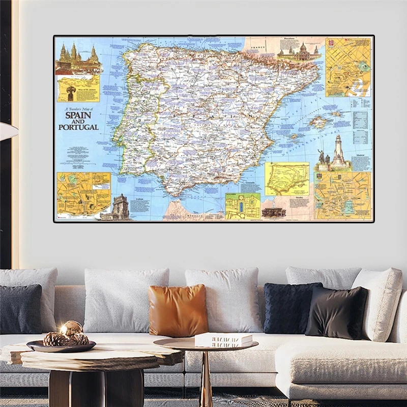 

150*100 см 1984 Испания и Карта Португалии нетканый холст для живописи Wall Art плакат Культурный образования Гостиная украшение дома