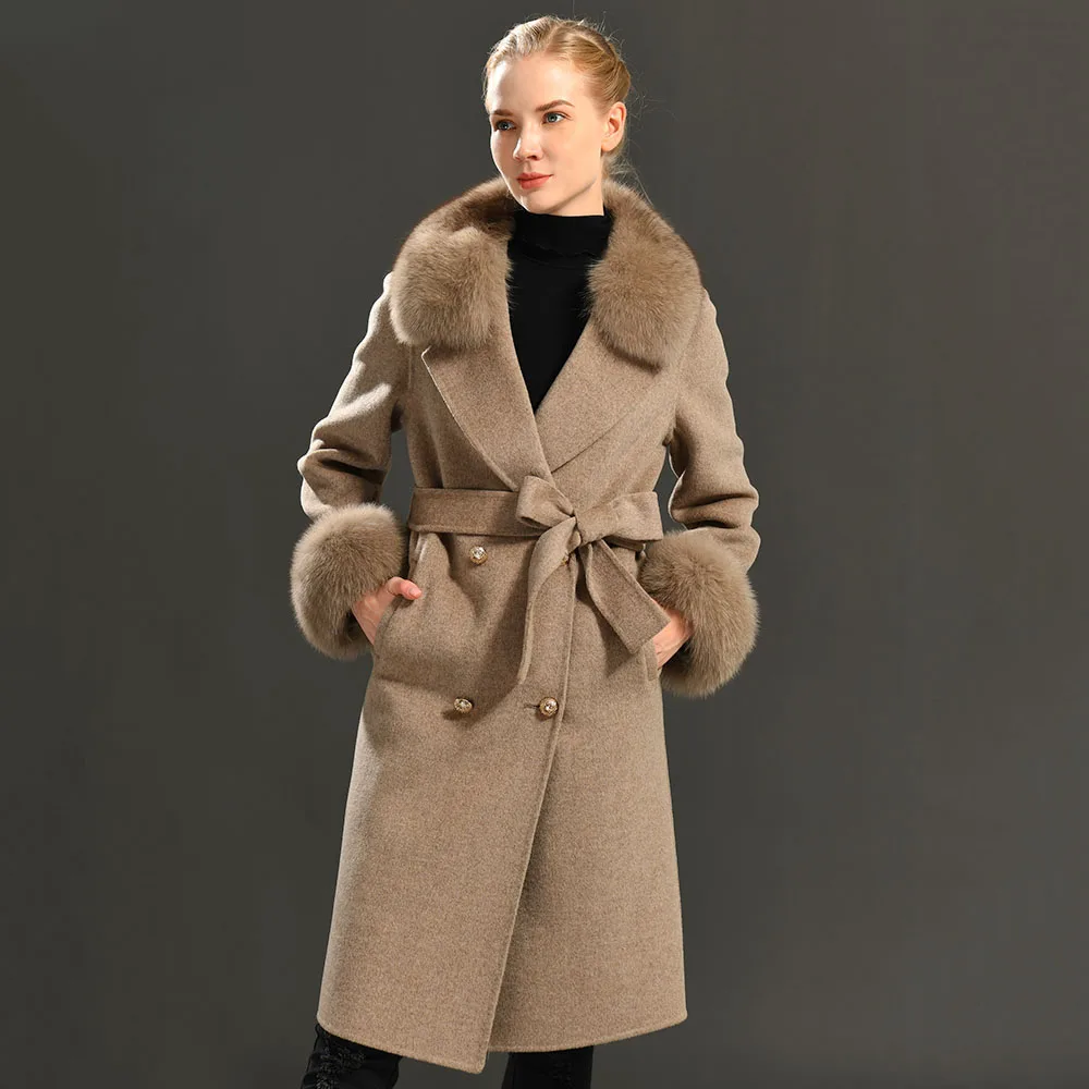 

Women's Wool Coat Spring Real Fox Fur Collar Woolen Jacket Adjustable Waist Slim Ladies Long Overcoat