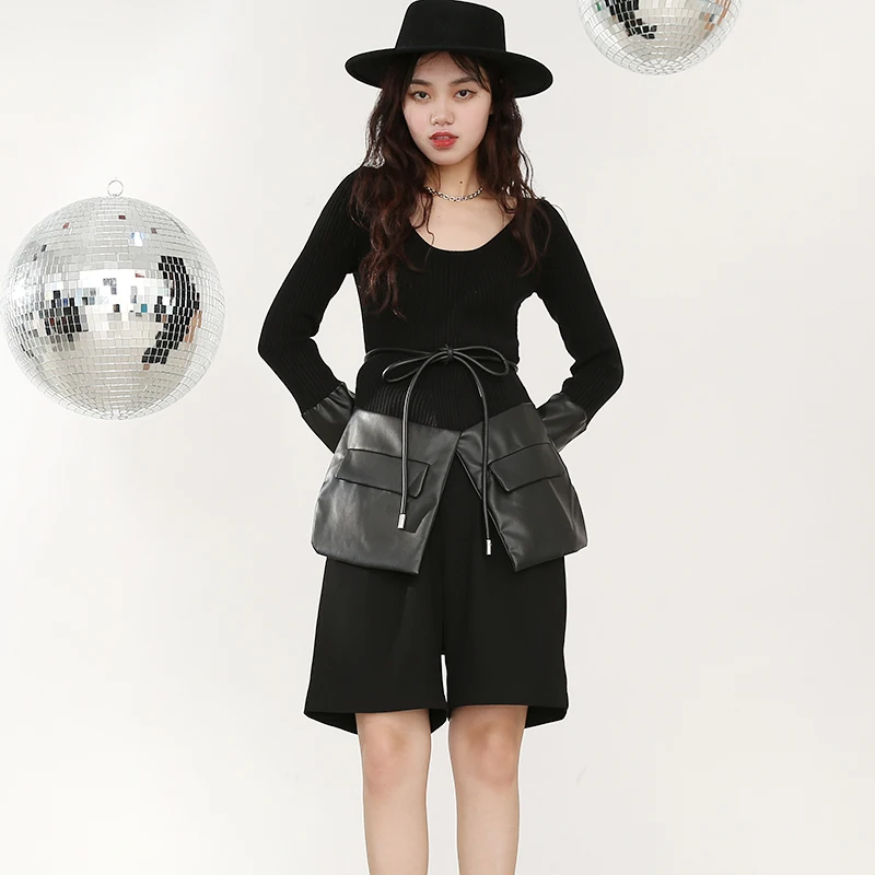 

[EAM] Black PU Leather Knitting Sweater Loose Round Neck Long Sleeve Women Pullovers New Fashion Autumn Winter 2021 1DD242401